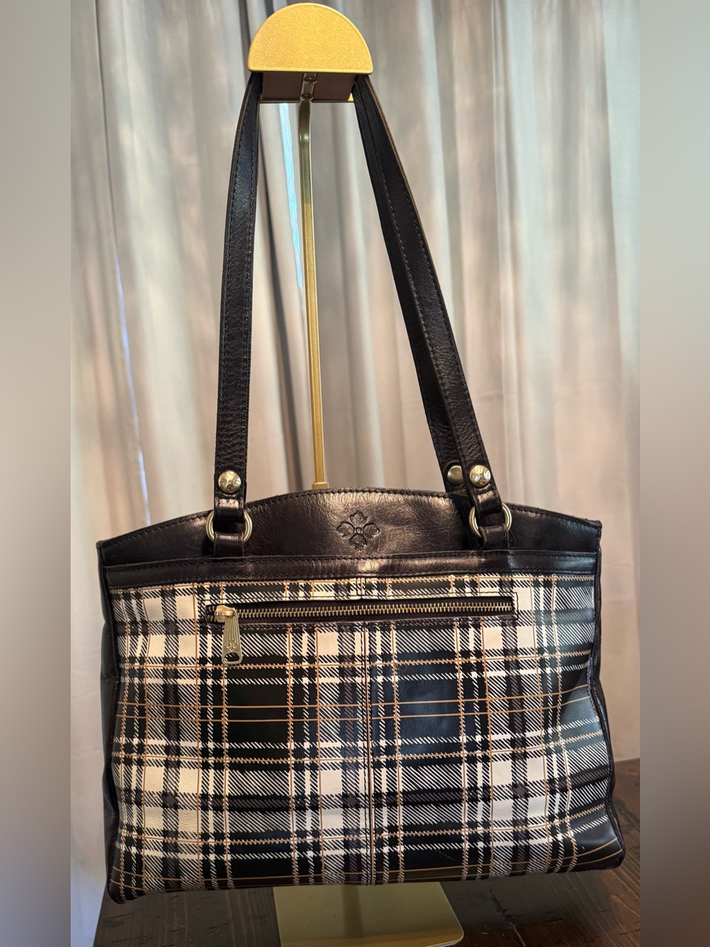 Patricia Nash Poppy Leather Tote Bag - Black & White Plaid Gold Accents